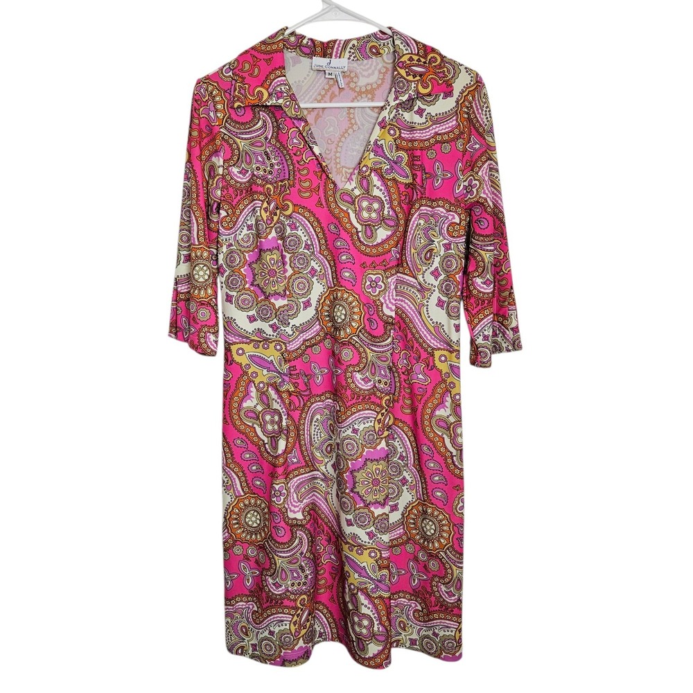 Jude Connally Dress Sz M Knee Length 3/4 Sleeve Jude Cloth Vibrant Pink USA Made